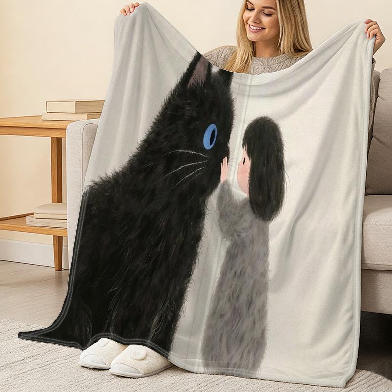 Printed Flannel Blanket - Black Cat Series, Soft & Skin-friendly Warm Throw, Cozy for Home, Bedroom, Movie Night, Halloween & Christmas