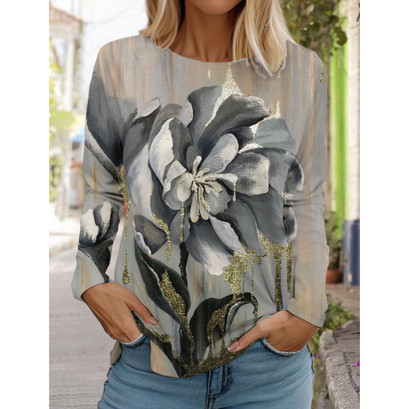 T-shirt manches longues ras du cou femme, design tendance, impression florale 3D, style fin, coupe régulière, printemps/automne