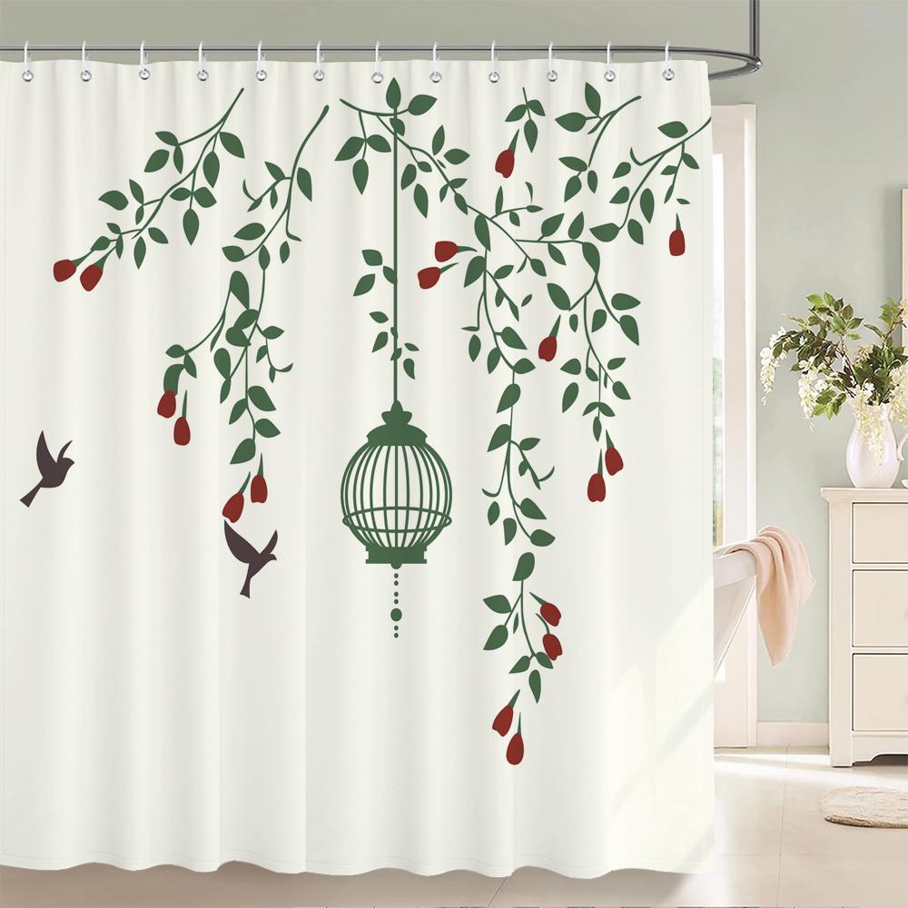 Nordic minimalist art printing Shower Curtain, Waterproof Fabric Flower and leaf Bird pattern Bathroom Curtain for Bathtub Decor