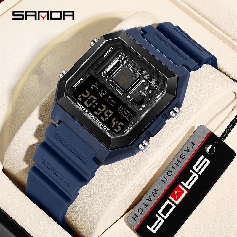 Sanda Luminous Waterproof Teen Alarm Watch - Square Electronic Sports Countdown Timer