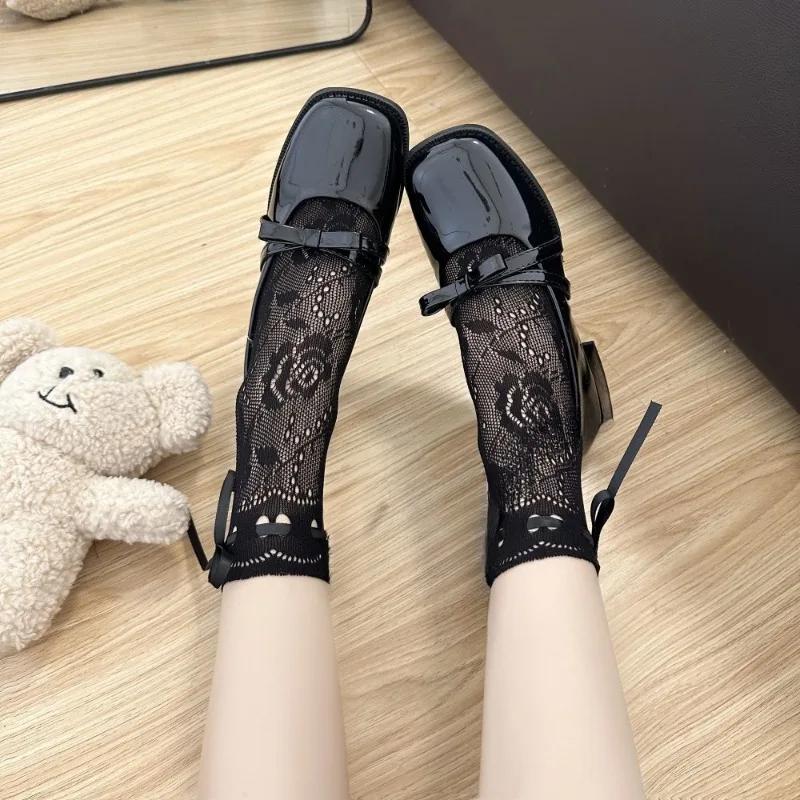 Lolita Jk Sweet Strap Bow Lace Socks Women Sexy Hollow Out Fishnet Flower Mesh Breathable Sock Rose Pattern Princess Short Socks