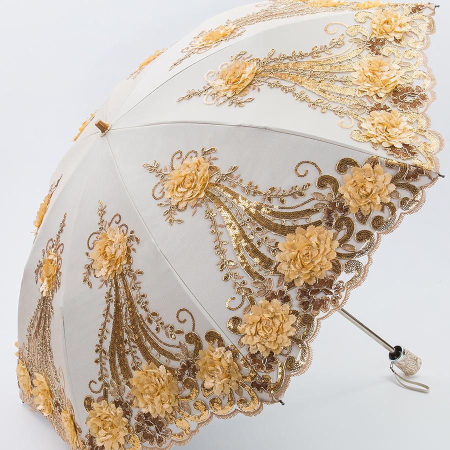 Lace Embroidery Sun & Rain Dual-Use UV Protection Folding Parasol Umbrella
