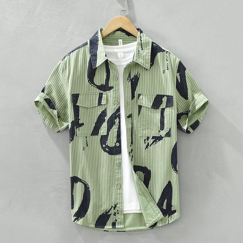 Mens Casual Striped Letter Print Short Sleeve Button Down Shirt L зелёный