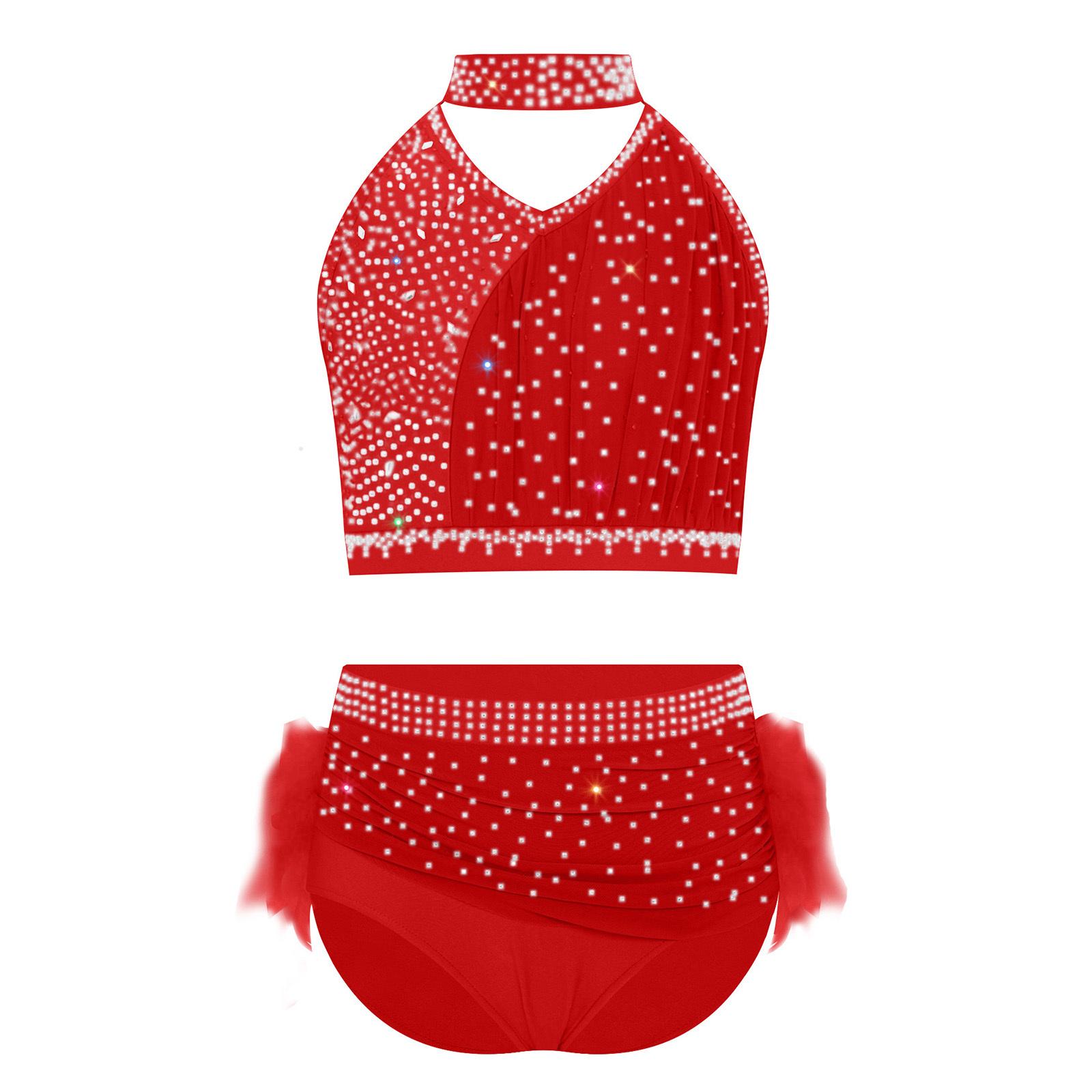 

Girls Two Piece Dance Outfit Cross Back Sparkly Rhinestones Crop Top with Elastic Waistband Feather Skirt 5-6 Years