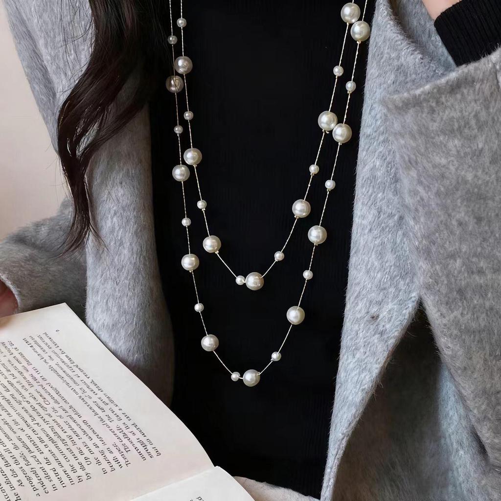 French Pearl Layered Sweater Chain: Women's High-End Starry Necklace for Chic Style