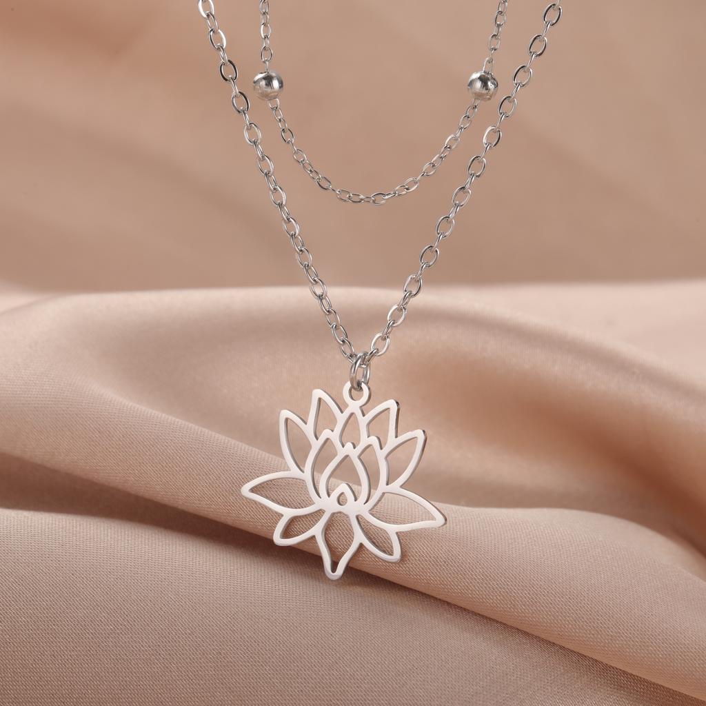 Teamer Lotusblume Anhänger Halskette Edelstahl Yoga Buddhismus Amulett Schmuck für Frauen Doppellagige Perlenkette Geschenk