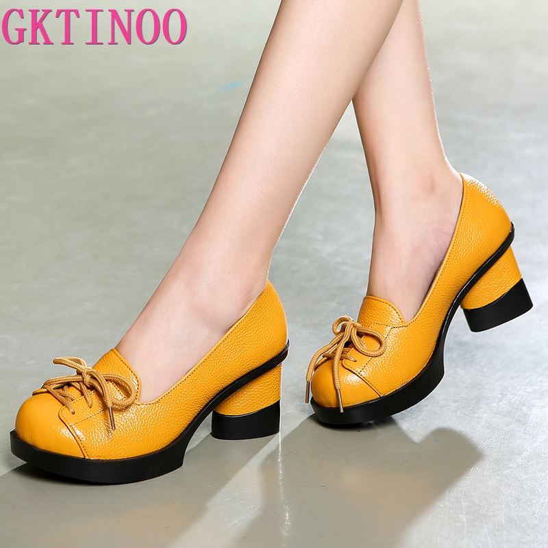 Fashion GKTINOO Spring Women Pumps Retro Lady 6CM High Heels Slip On Platform Pumps Handmade Women Genuine Leather Shoes
