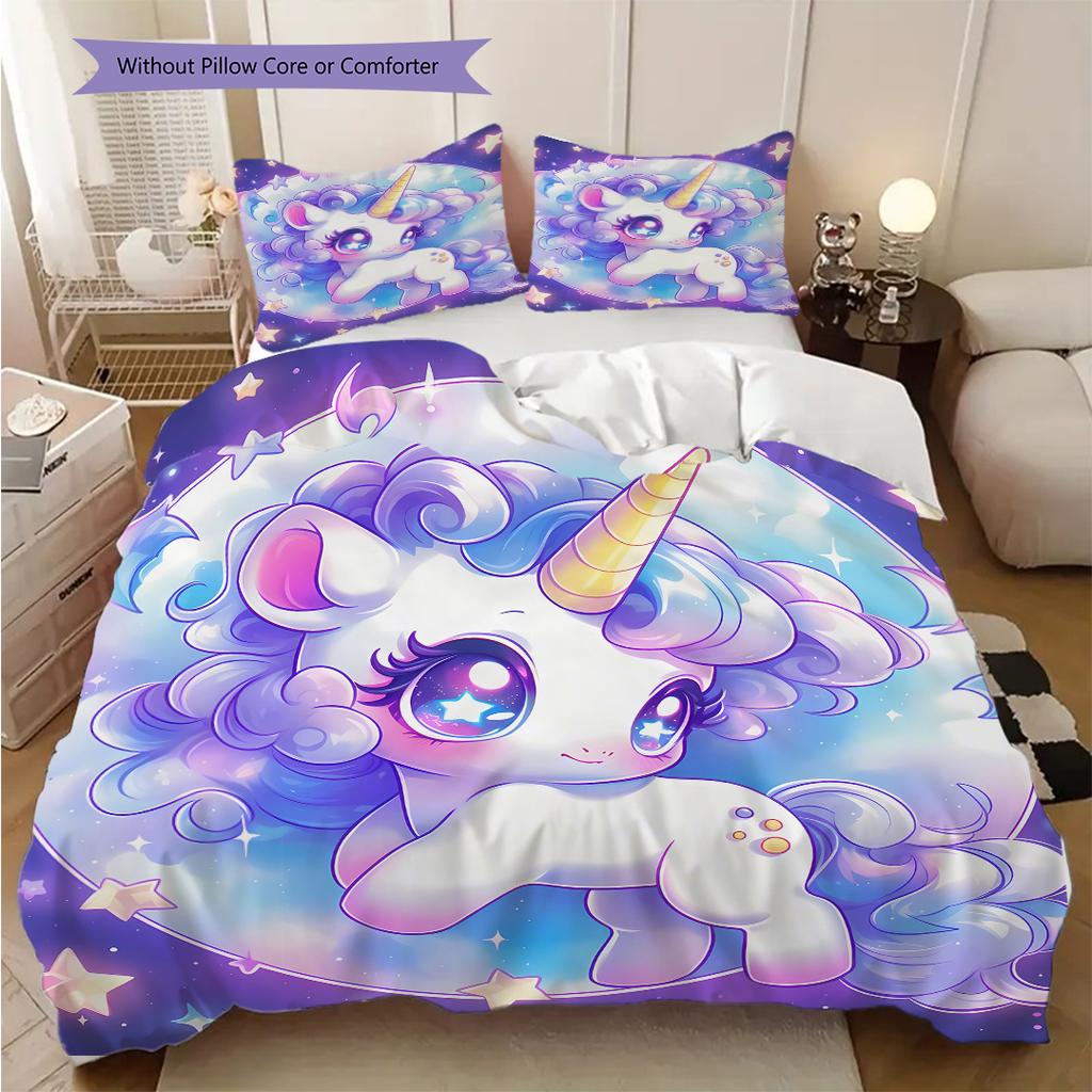 Cartoon cute fantasy unicorn bedding, duvet cover, pillowcase, home decoration, birthday gift (1 * duvet cover+2 * pillowcase, coreless)