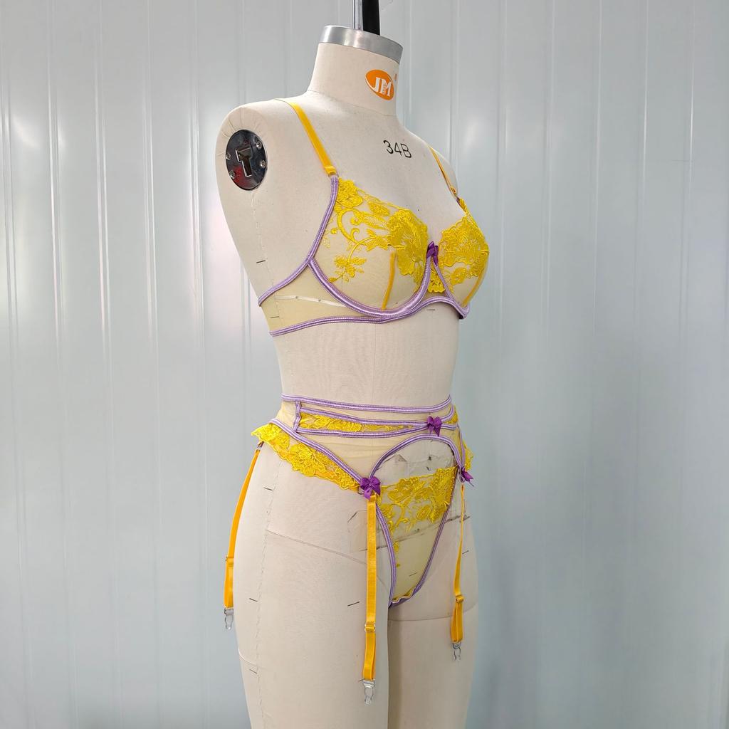 Nouveau ensemble de lingerie populaire de haute qualité pour femmes, soutien-gorge à broderies florales, transparent, sexy, avec nœud