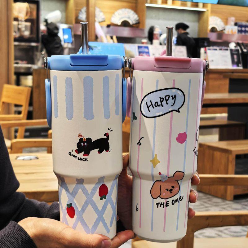 Large-Capacity Thermos Cup for Girls, Good-Looking Design with Handle, 2024 New Model, Straw Water Cup, Portable Dual-Drink Cup for Students