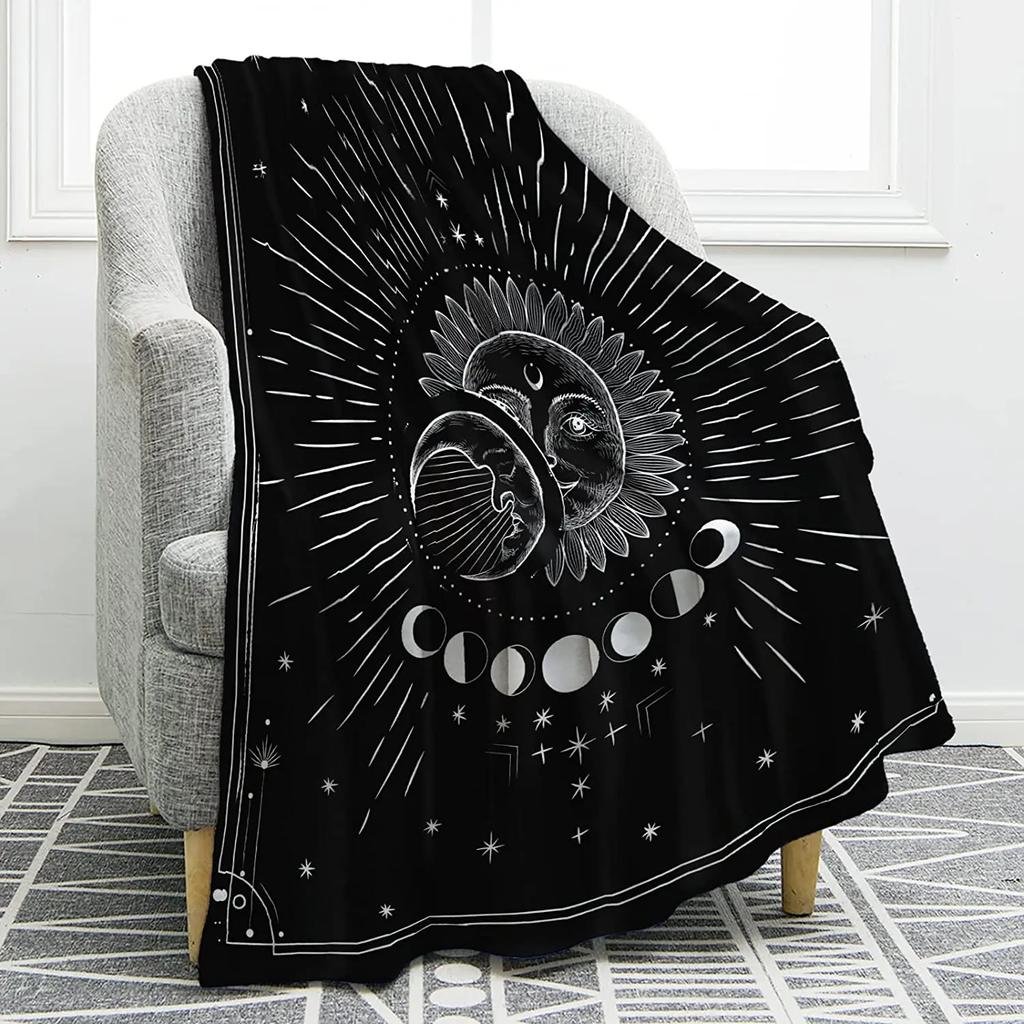 Sun Moon Blanket Stars Space Psychedelic Black and White Print Throw Blanket for Couch Bed Sofa Travel Camping for Kids Adults