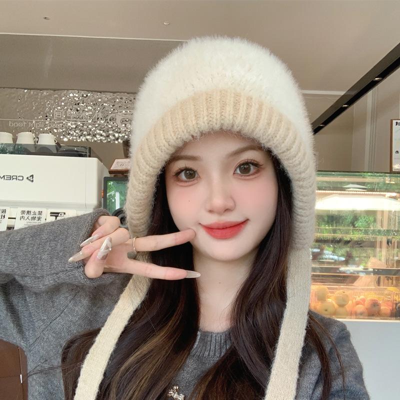 New Padded Warm Tie Knit Hat Female Winter Versatile Cute Ear Protection Show Face Small Hat