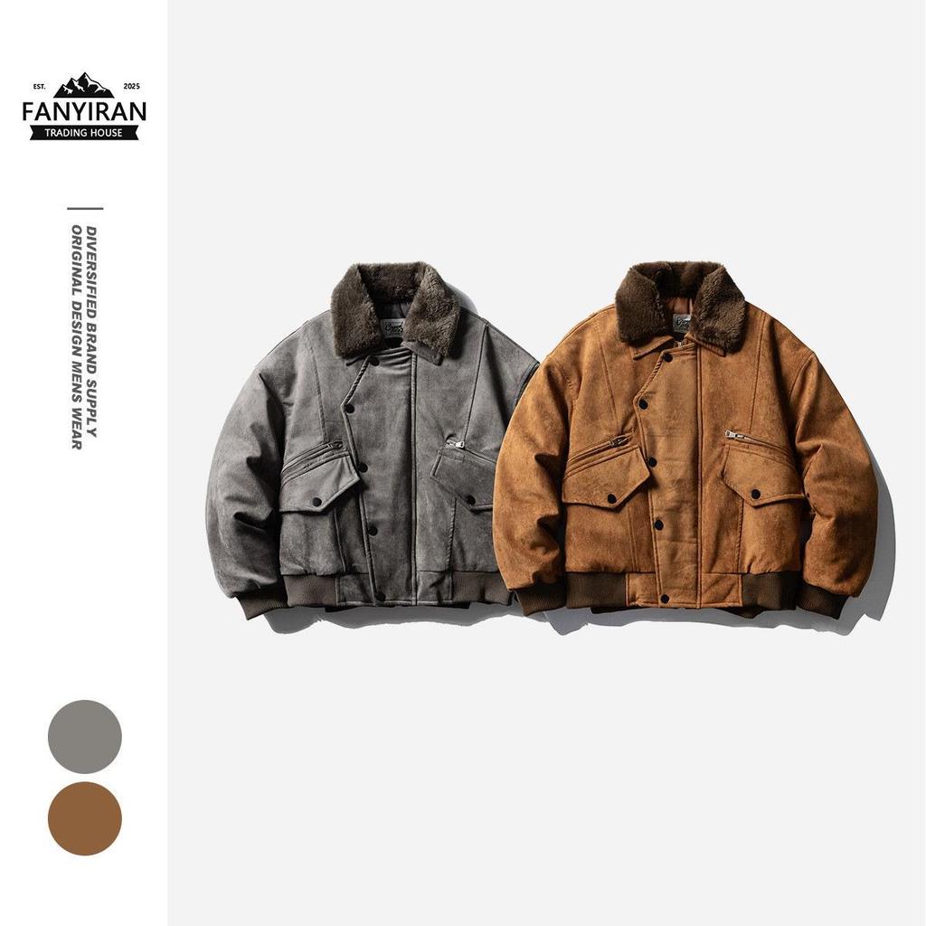 CROWD CITY Unisex Retro Suede Plush Winter Lapel Jacket Y602