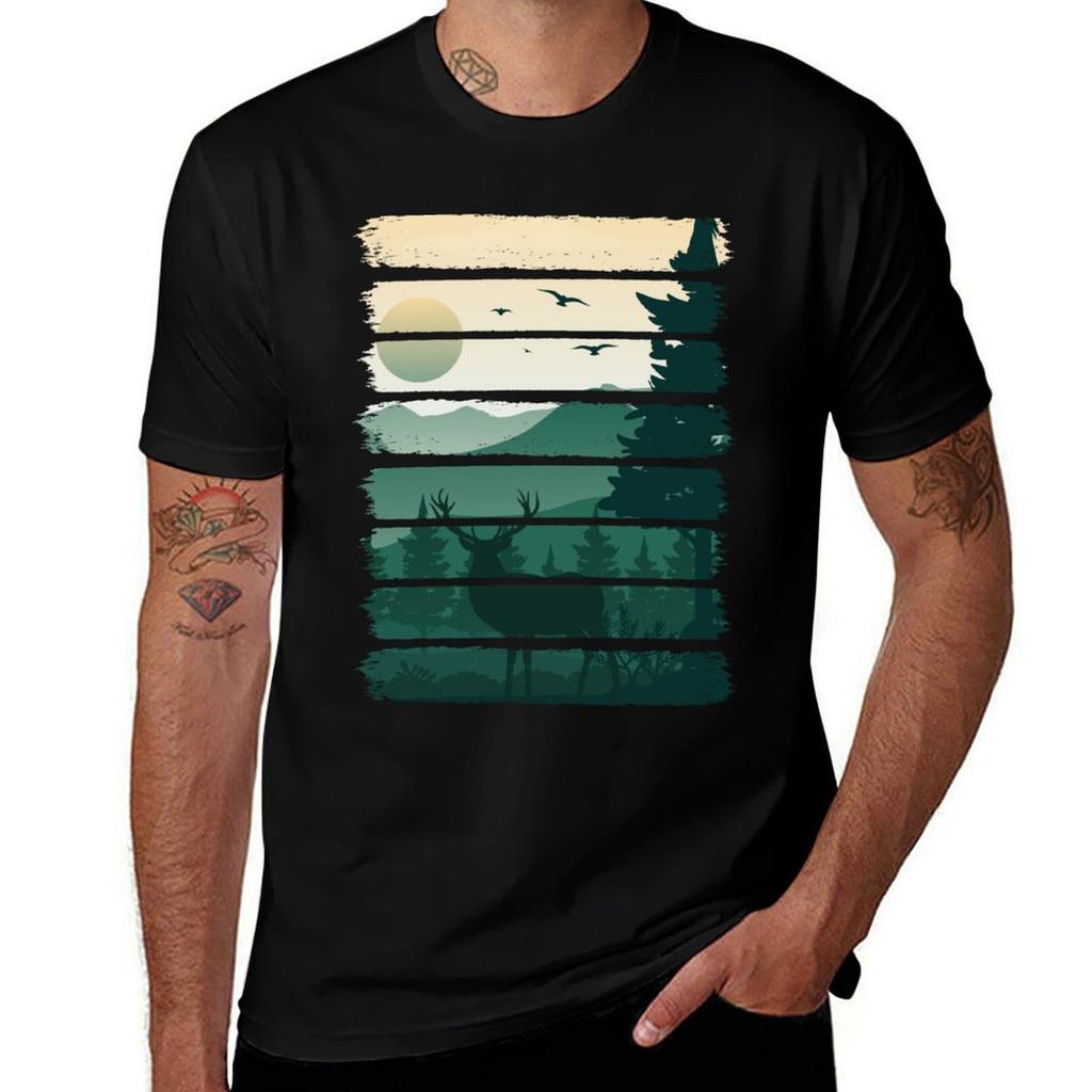 Vintage Deer Forest Nature Wildlife Trees TShirt Large Size Casual Short Sleeve Top TShirt