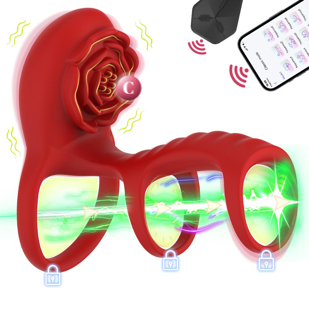 APP Wireless Remote 3 IN 1 Rose Vibrating Cock Ring Delay Ejaculation Clit Stimulator G Spot Silicone Adult Sex Toy for Couples