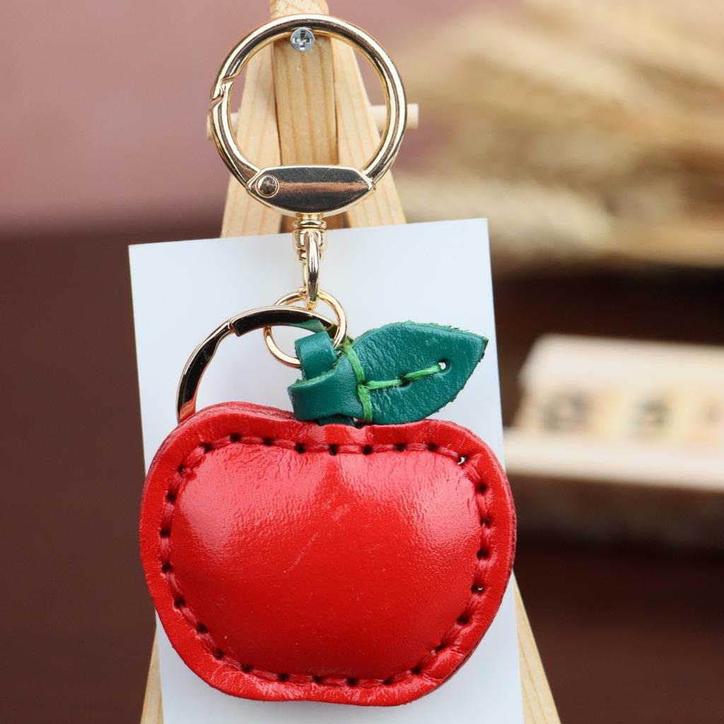 First Layer Cowhide Small Apple Keychain Pendant Locomotive Car Key Chain Accessories Bag Pendant Cute Little Gift