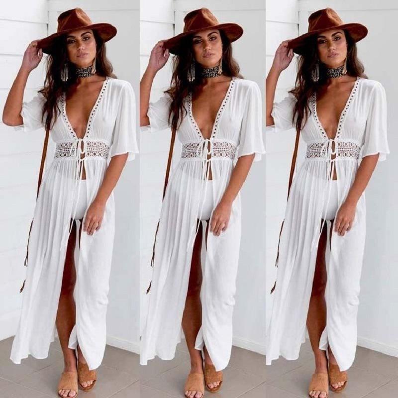 Women's Three Quarter Sleeve Maxi Dress V Neck Elastic Waist Cute Chiffon Beach Cover Up Sundress