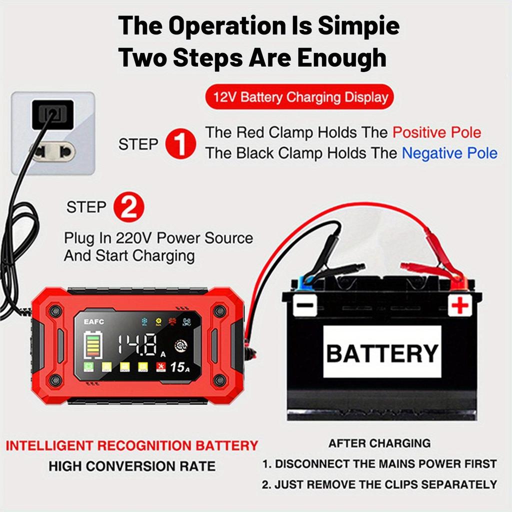 EAFC 12V 15A Smart Car Battery Charger, Color Screen Smart Fully Automatic Battery Charger Maintainer Trickle Charger