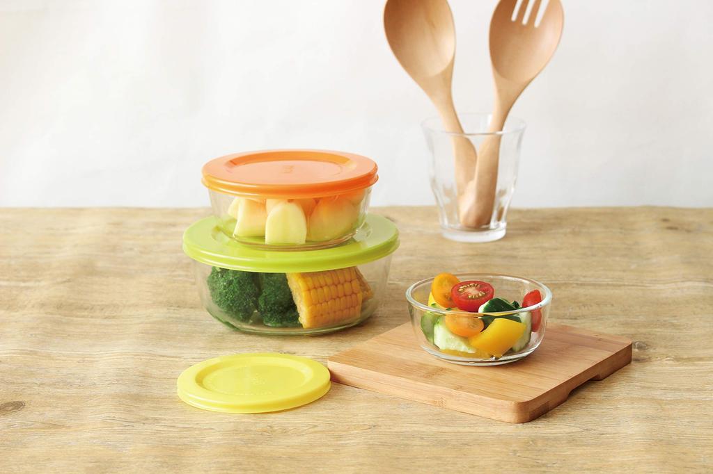 Iwaki 9-Piece Heat-Resistant Glass Storage Containers, Pack Bowl, Colorful, 180ml, 400ml, and 800ml Capacity, 2 Large, 3 Medium, and 4 Small, Glass,