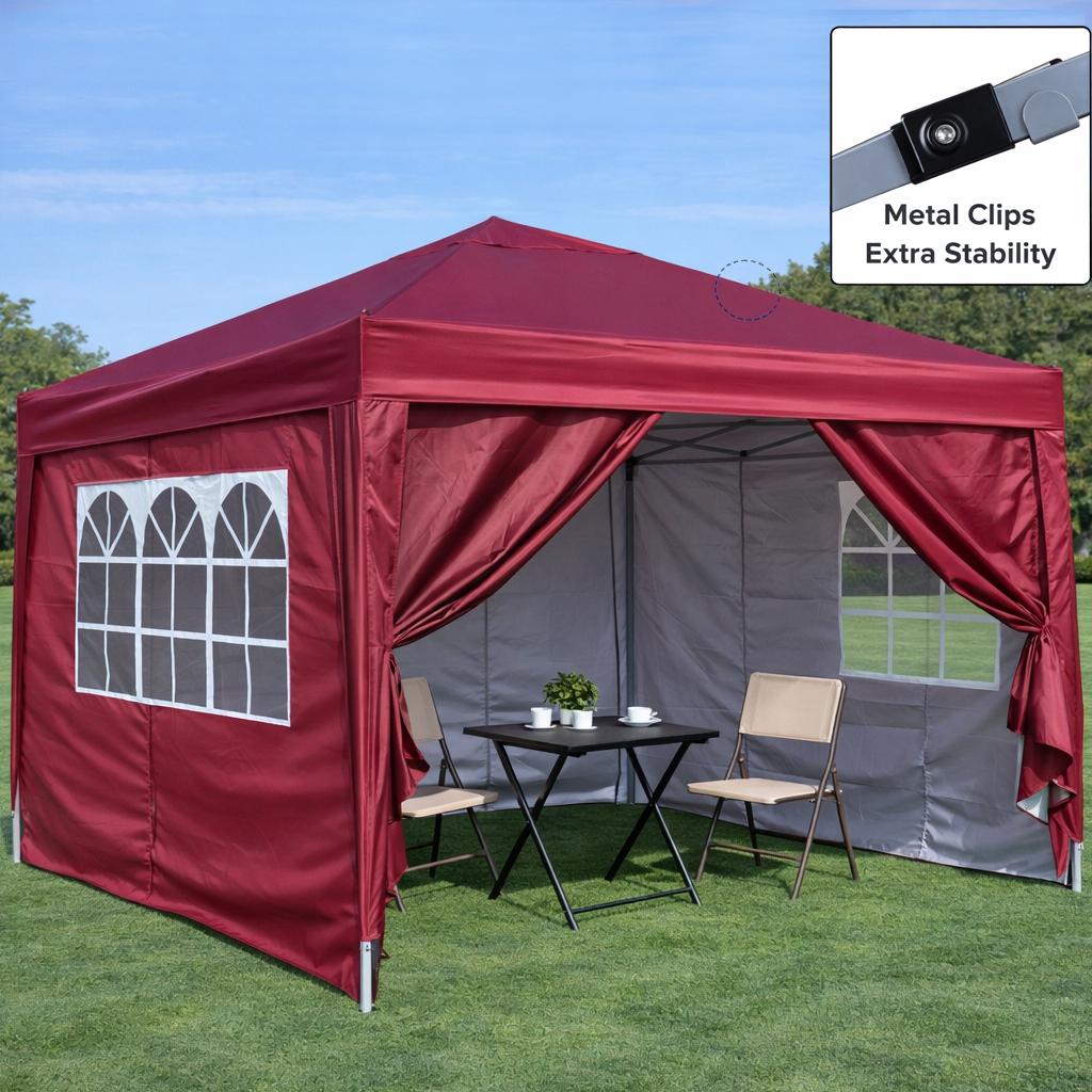 Folding Gazebo 3 x 3 m, waterproof, winter-proof, with 4 side walls, 4 sand bags, UV protection 50+, garden, party, camping, steel frame (Burgundy)