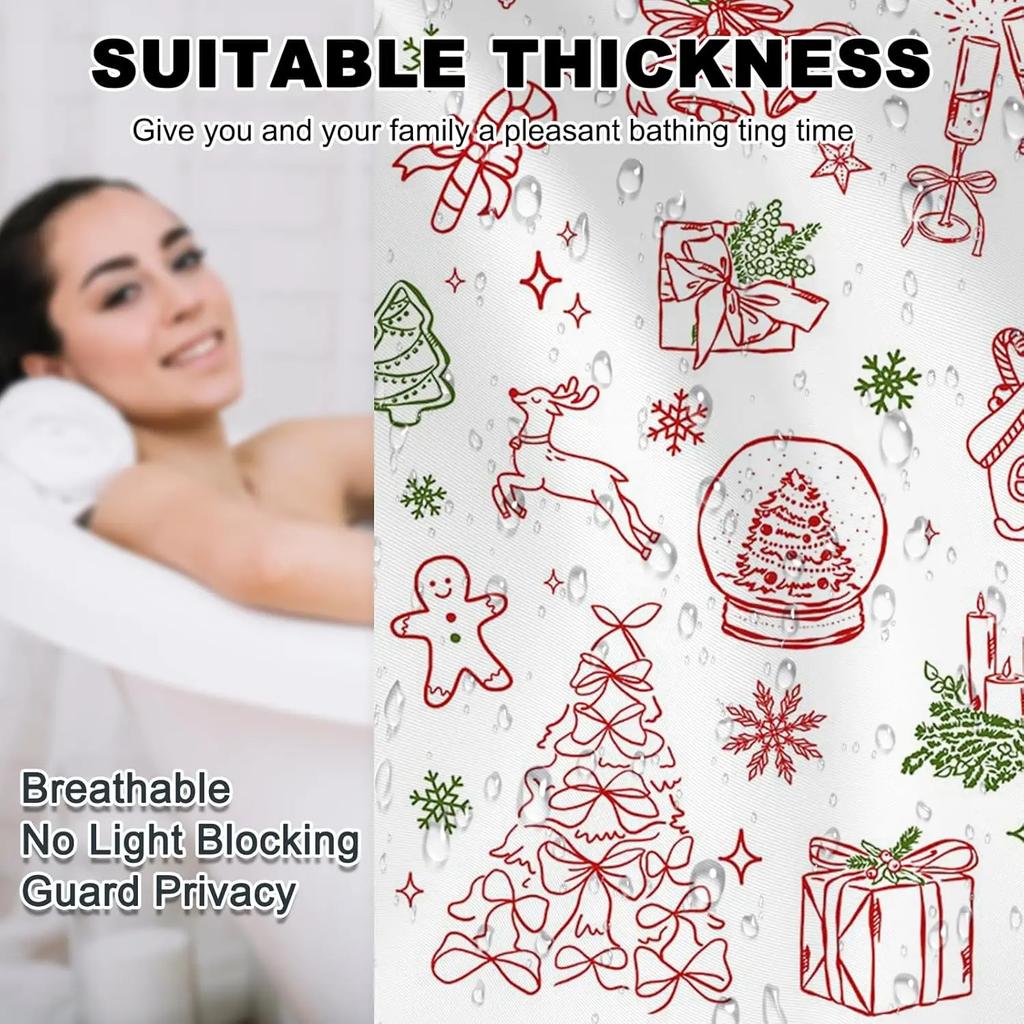 GAEChristmas Shower Curtain for Kids Cute Xmas Tree Candy Ball Snowman Gingerbread Man Shower Curtain for Christmas Bathroom D