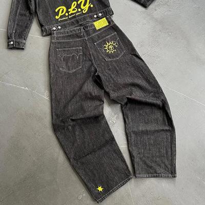 LUXEON Y2K Harajuku Hip Hop Grafik Oversize Retro Mavi Bol Kot Pantolon Erkek Kadın Yeni Yüksek Bel Geniş Paça Pantolon
