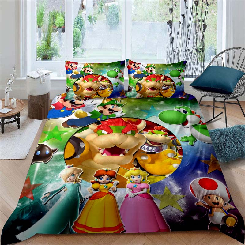 3D printed Super Mario World bedding set, a three-piece set including a printed duvet cover and pillowcases, available in adult