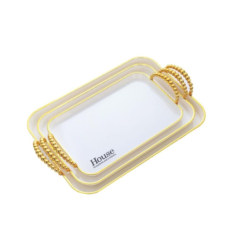3PCS Light Luxury Plastic Tea Tray Set Golden Handle Rectangular Dessert Tray Stackable Thickened Brunch Tray Fruit