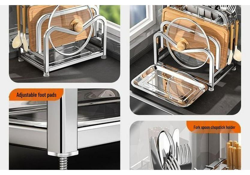 Stainless Steel Kitchen Organizer: Knife Holder, Pot Lid, Cutting Board, Cutlery & Chopstick Stand