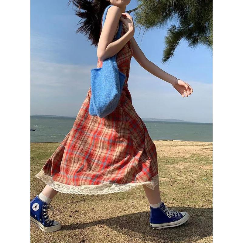 Plaid dress summer new lace V-neck slim fit high waist coffee break plaid suspender dress women
