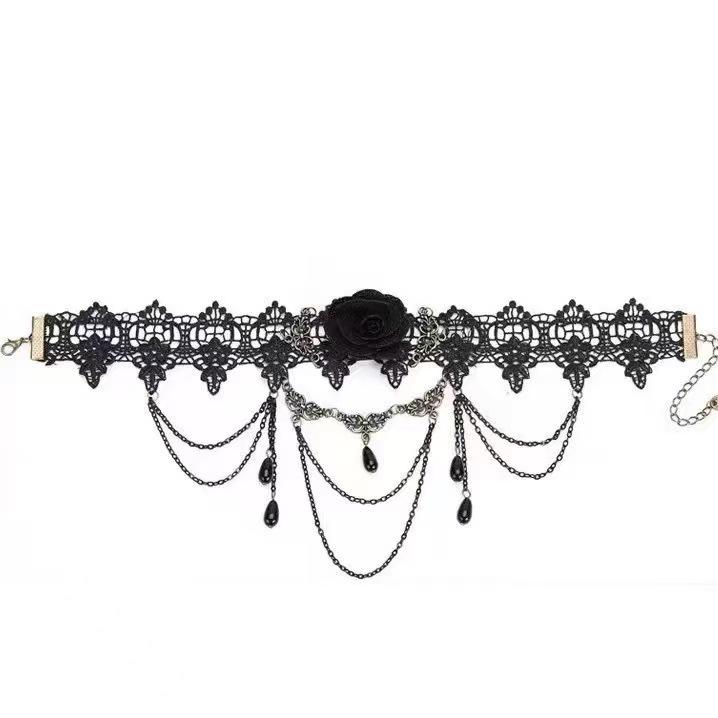 

Black lace neck accessories decorative necklace women s collar fringed pendant rose neckband choker dark tie
