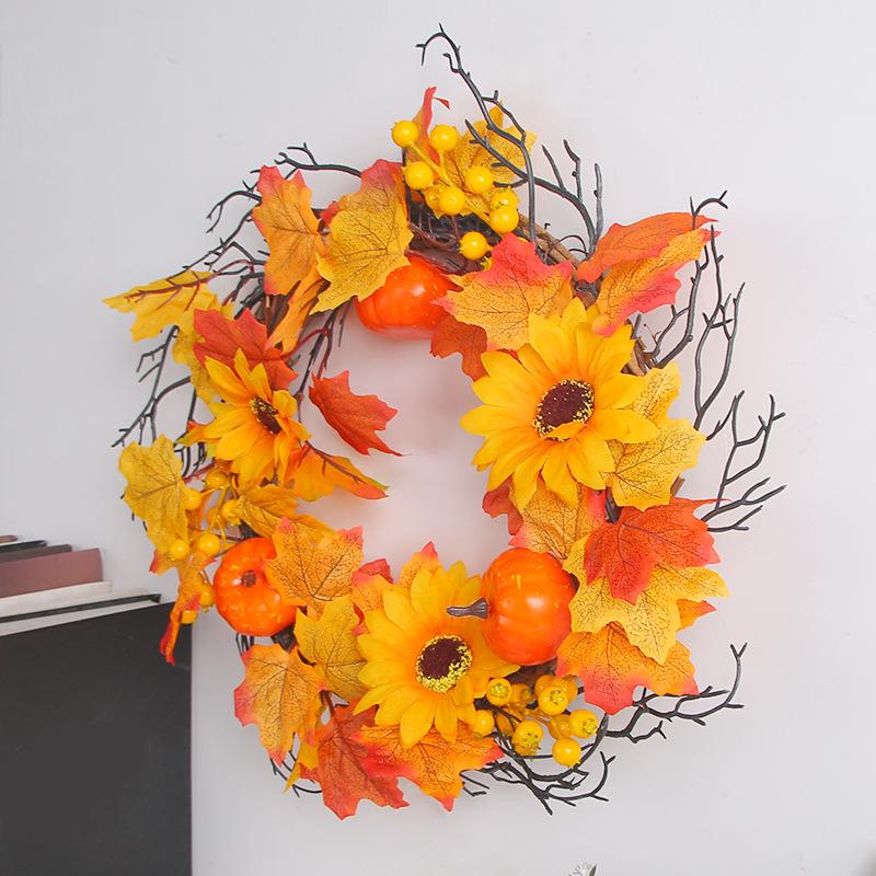Halloween Harvest Festival Home Decoration Pumpkin Berry Door Hanging Vine Ring Thanksgiving Maple Leaf Wreath Decoration