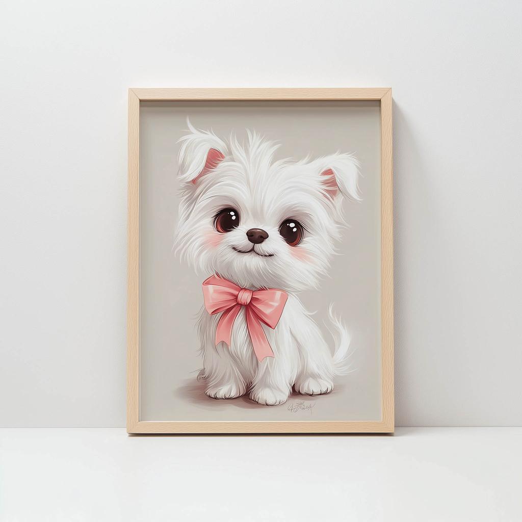 Plakat Uroczy Piesek W Różowej Muszce Plakat Uroczy Piesek W Różowej Muszce, 50X70 Cm, Rama Aluminiowa Czarna, Papier Matowy 230 Gsm