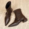 Metal Buckle Block Heel Single Boots Fashion Pointed Toe Rear Zipper Anti-Slip Wear-Resistant