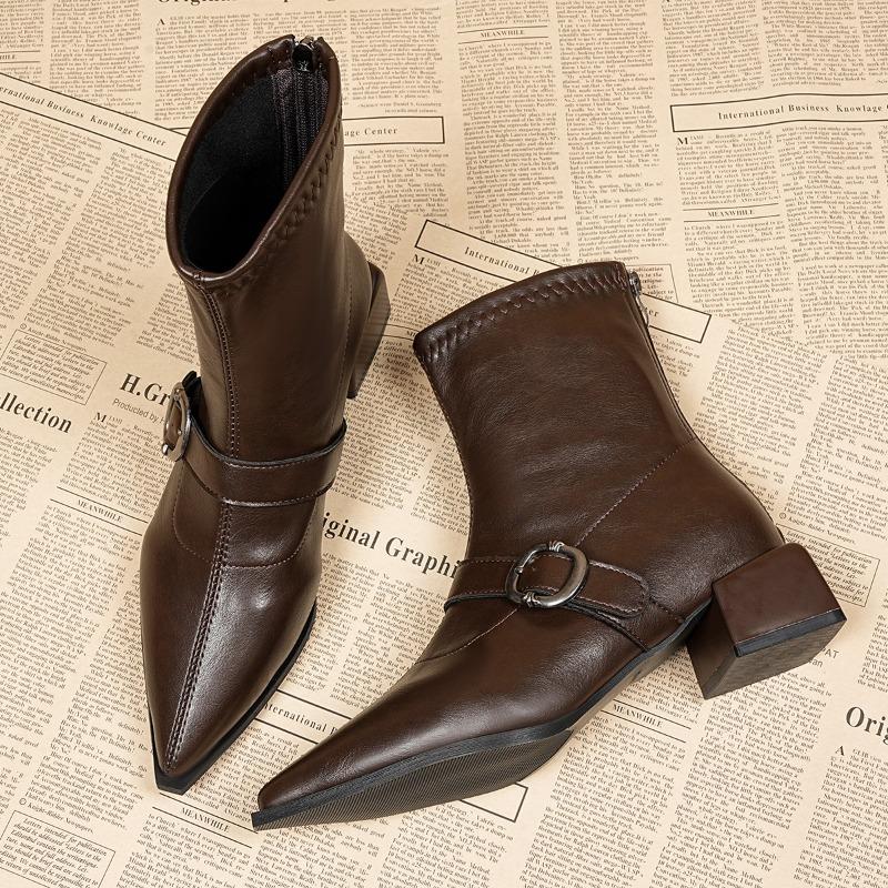 Metal Buckle Block Heel Single Boots Fashion Pointed Toe Rear Zipper Anti-Slip Wear-Resistant
