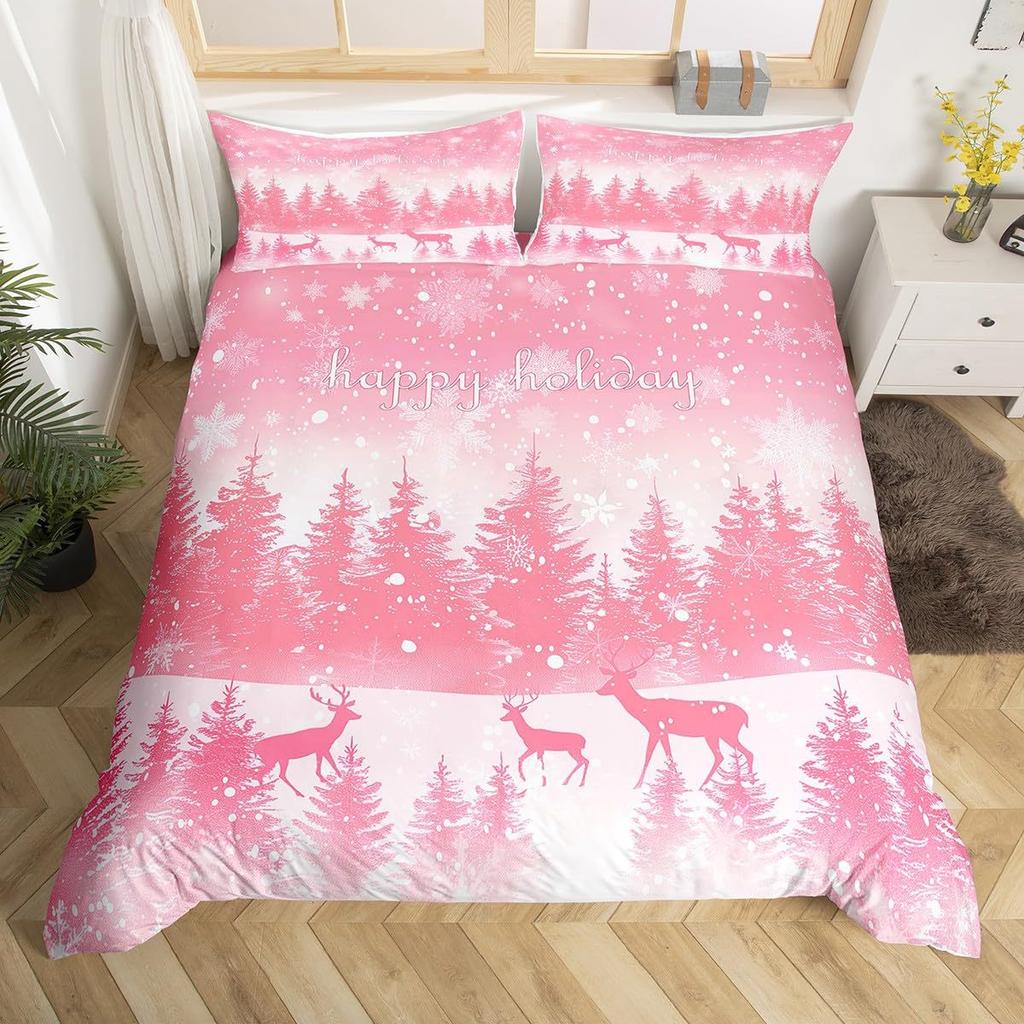 Pink Plaid Christmas Tree Three-Piece Quilt Cover 3D Digital Printing Bedding Set Bed Cover