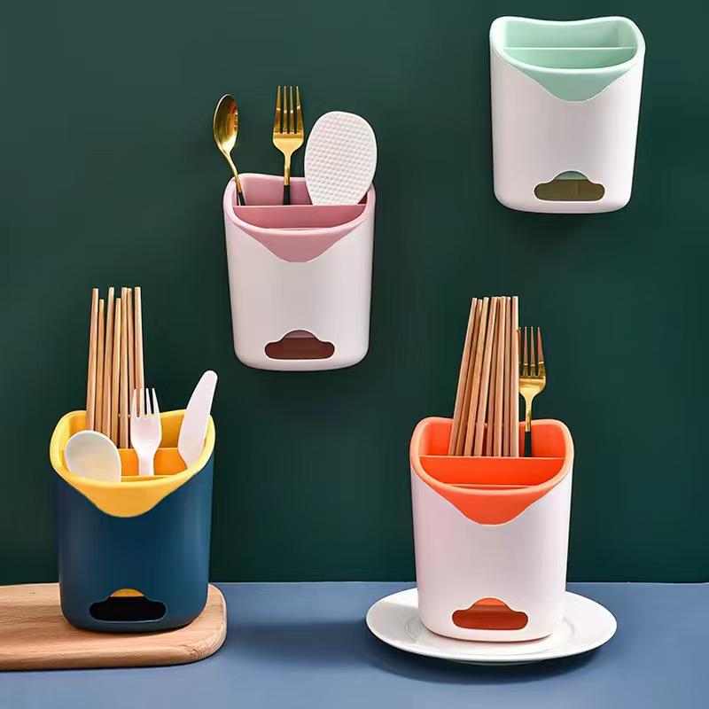 Wall-Mounted Plastic Chopstick and Spoon Holder with Drainage