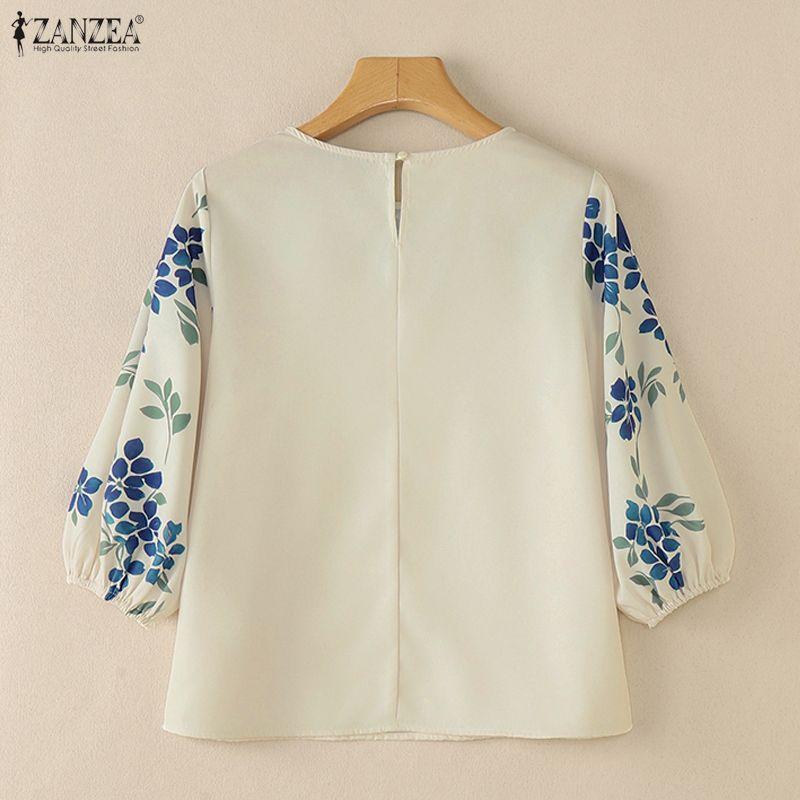ZANZEA Women Casual Round Neck Floral Print Loose 3/4 Sleeve Blouse