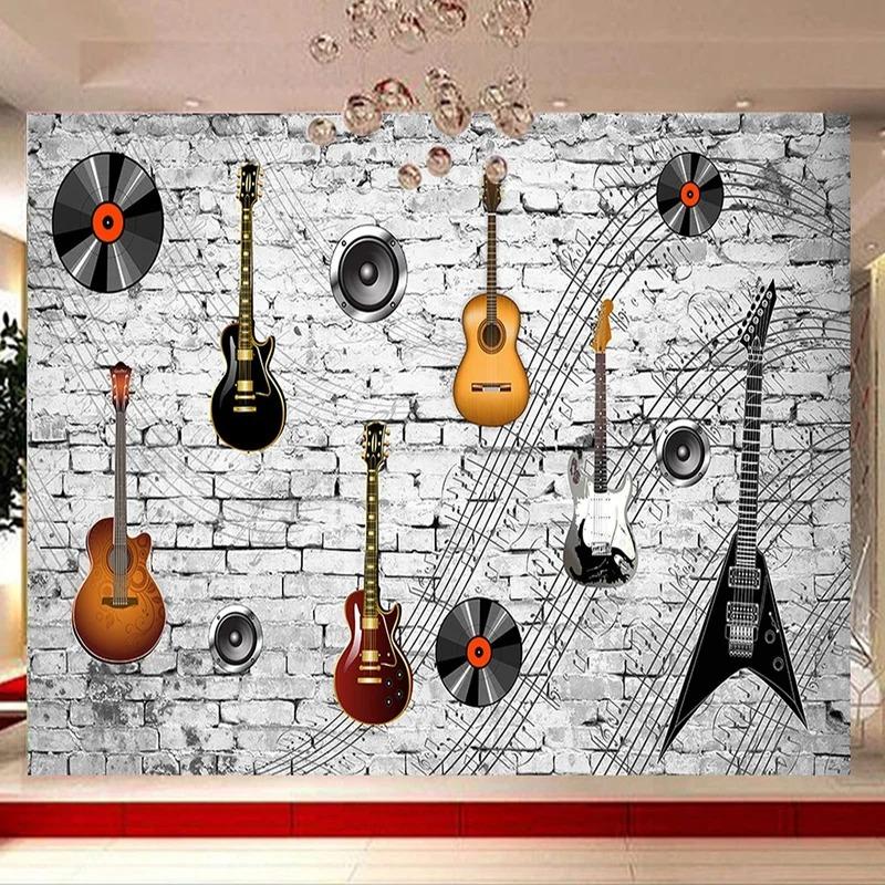 3d Nostalgische Ziegel Wandbild Gitarre Musik Tapete Bar Werkzeug Hintergrund Tapeten Fresko