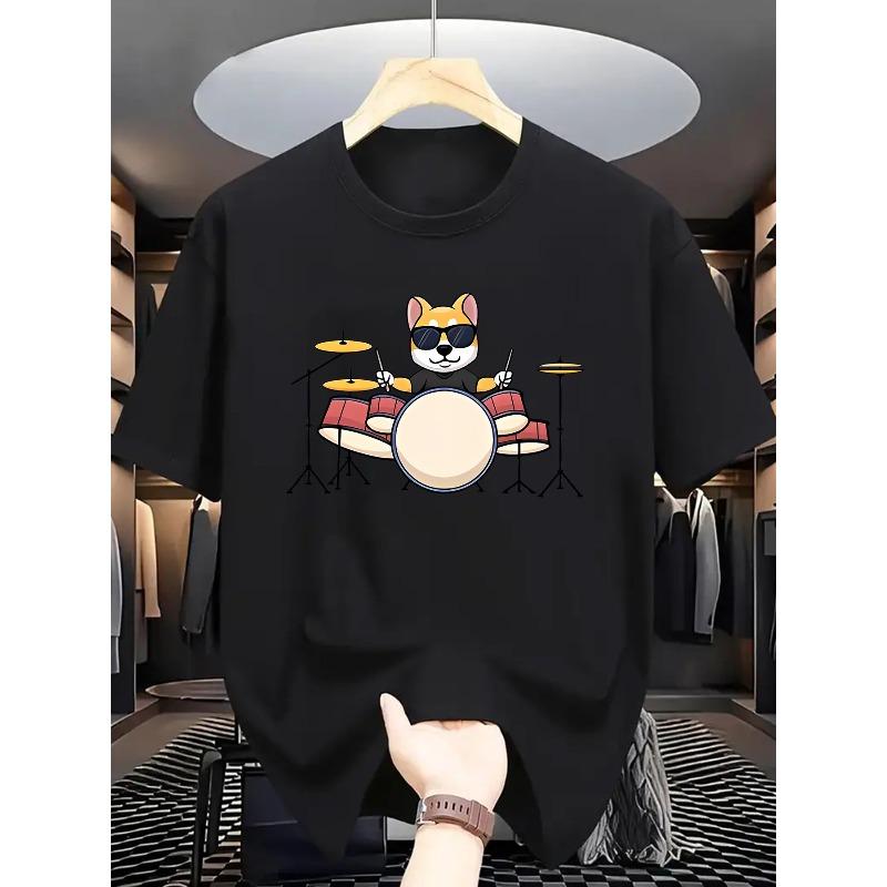 Men's Summer Casual Short Sleeve T-Shirt with Playful Cartoon Cat Playing Drums Graphic Print, Round Neck Regular Fit Tee, Comfortable Fit