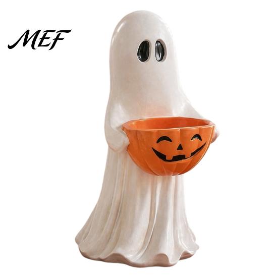Spooky Season Entryway Accents Resin Ghost Statue with Pumpkin Candy Bowl, Cute Figurine, Trick Fall Harvest Home Decor or Treat Holder for