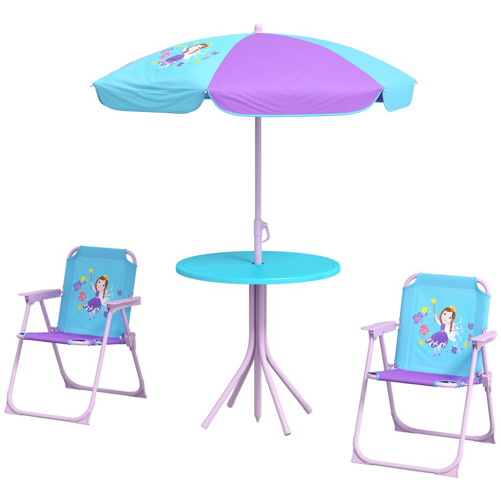 Kids Picnic Table and Chair Set, Fairy Themed Outdoor Garden Furniture W/ Foldable Chairs, Adjustable Parasol