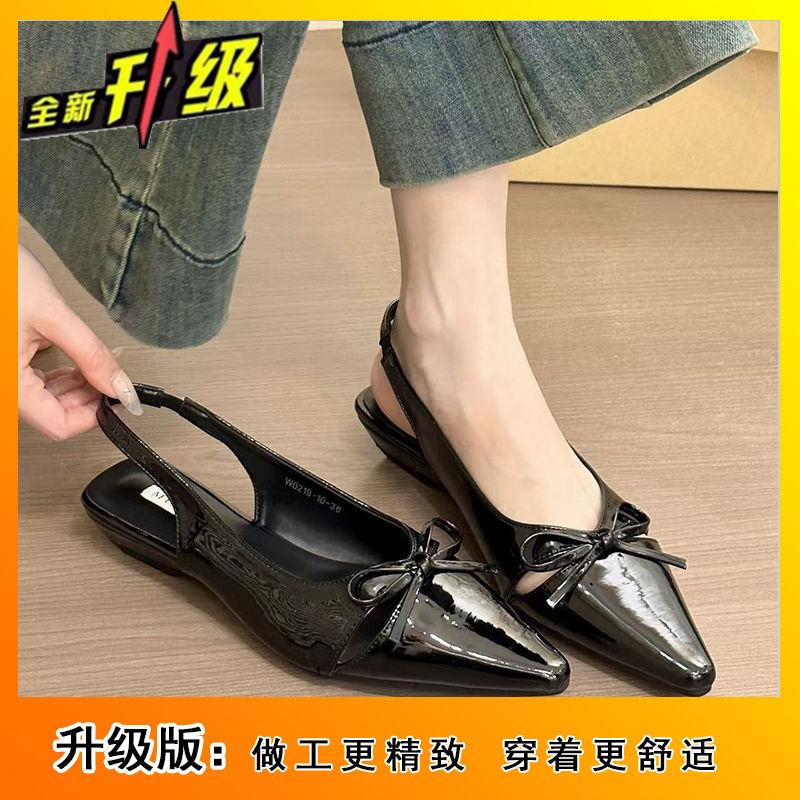 New summer French gentle evening breeze bow bag head sandals women's small slope heel pointed back empty shoes
