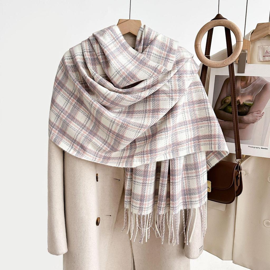 Women's Winter Plaid Imitation Cashmere Tassel Scarf, Thickened Korean Style Neck Warmer