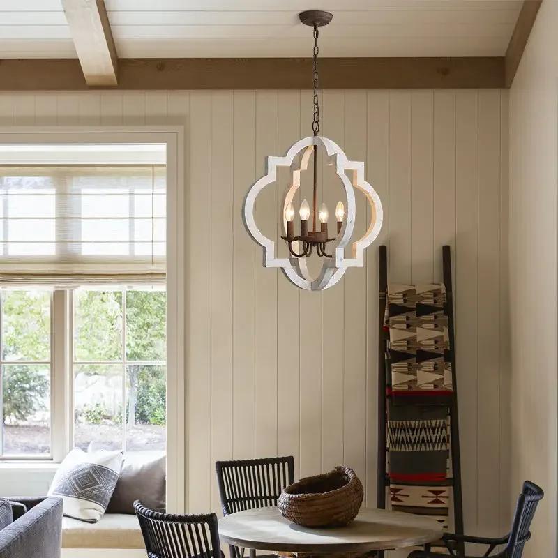 Rustic Farmhouse Metal Chandelier Lighting Distressed Wood Ceiling Light Fixture Kitchen Entryway Foyer -4 Lights