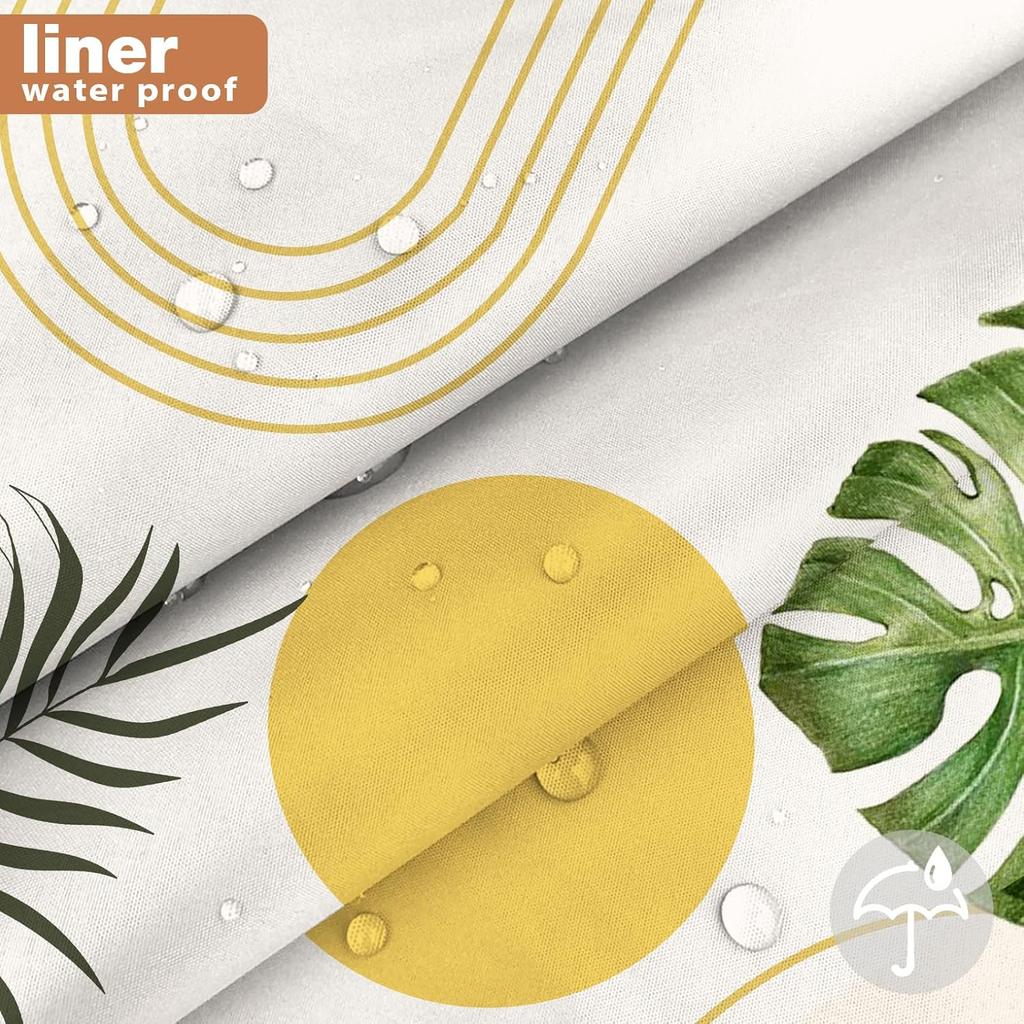 No Hook Shower Curtain with Snap in Liner and Liner Set, Boho Mid Century Green Leaf Shower Curtains for Bathroom Decor 71x74 in