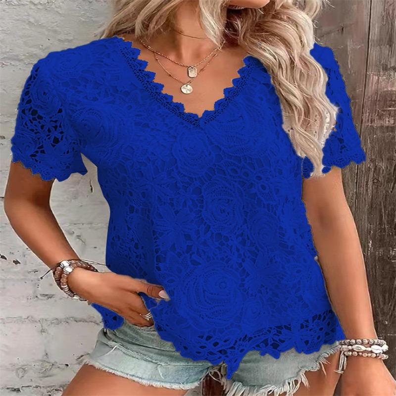 

New Women s Fashion Top T-Shirt Lace Lace Short Sleeve Women 5XL синій
