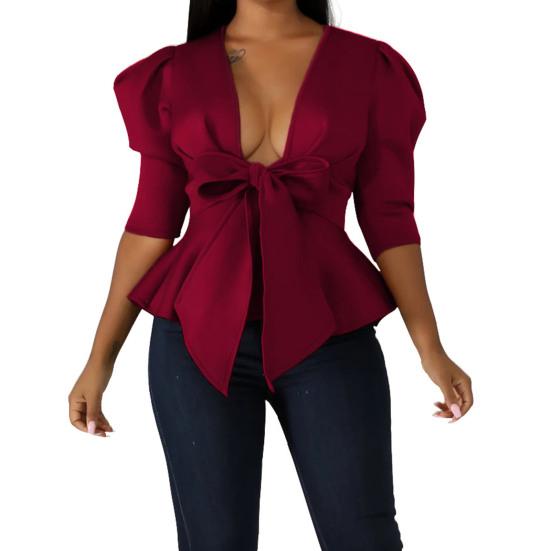 Deep V-neck Puff Half Sleeve Solid Color Women Coat Ruffle Hem Bowknot Bandage Peplum Blazer Workwear