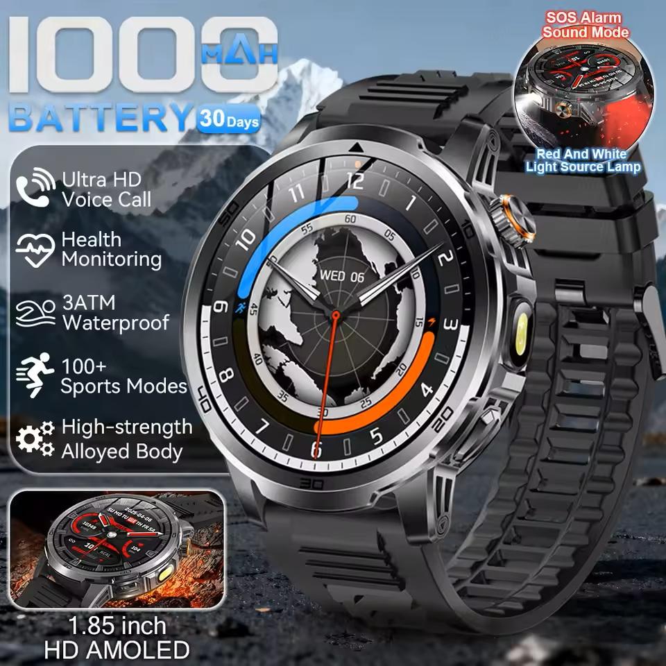 Новые уличные смарт-часы с большой батареей 1000 мАч, мужские, военные, водонепроницаемость 5 АТМ, пульсометр, Bluetooth-звонки, спортивные смарт-часы 2026 silicon чёрный
