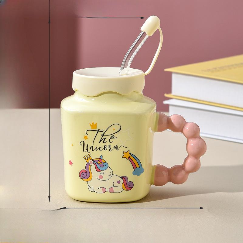 Süße Einhorn-Tasse mit Glasstrohhalm Becher Große Kapazität Mädchenherz Milch Fufu mit Deckel Wasserbecher Keramik